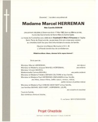 Camille DERAM épouse de Marcel HERREMAN, décédée à Steenvoorde, le 17 Mai 1982 (67 ans). Camille DERAM épouse de Marcel HERREMAN, décédée à Steenvoorde, le 17 Mai 1982 (67 ans).